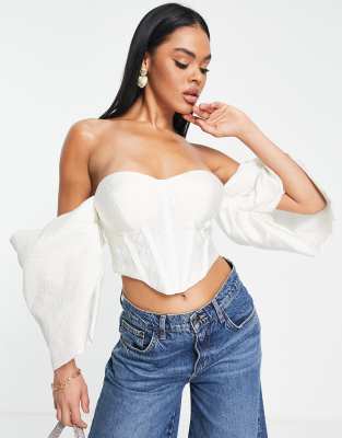 Asos Luxe Extreme Bardot Sleeve Jacquard Mini Dress In White In White