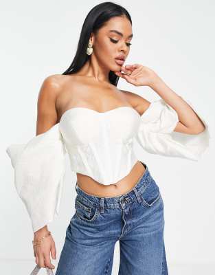 ASOS LUXE extreme Bardot sleeve corset top in white