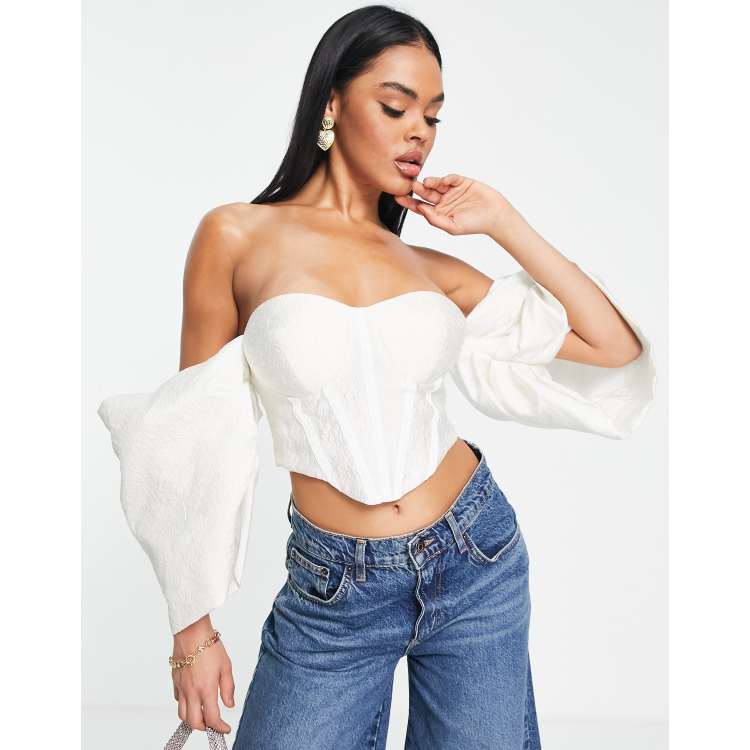 White Bardot Sheer Sleeve Corset Top