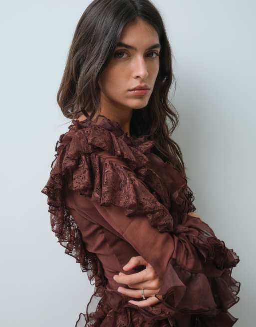 ASOS LUXE extreme lace long sleeve ruffle romper in chocolate, 4 of 5