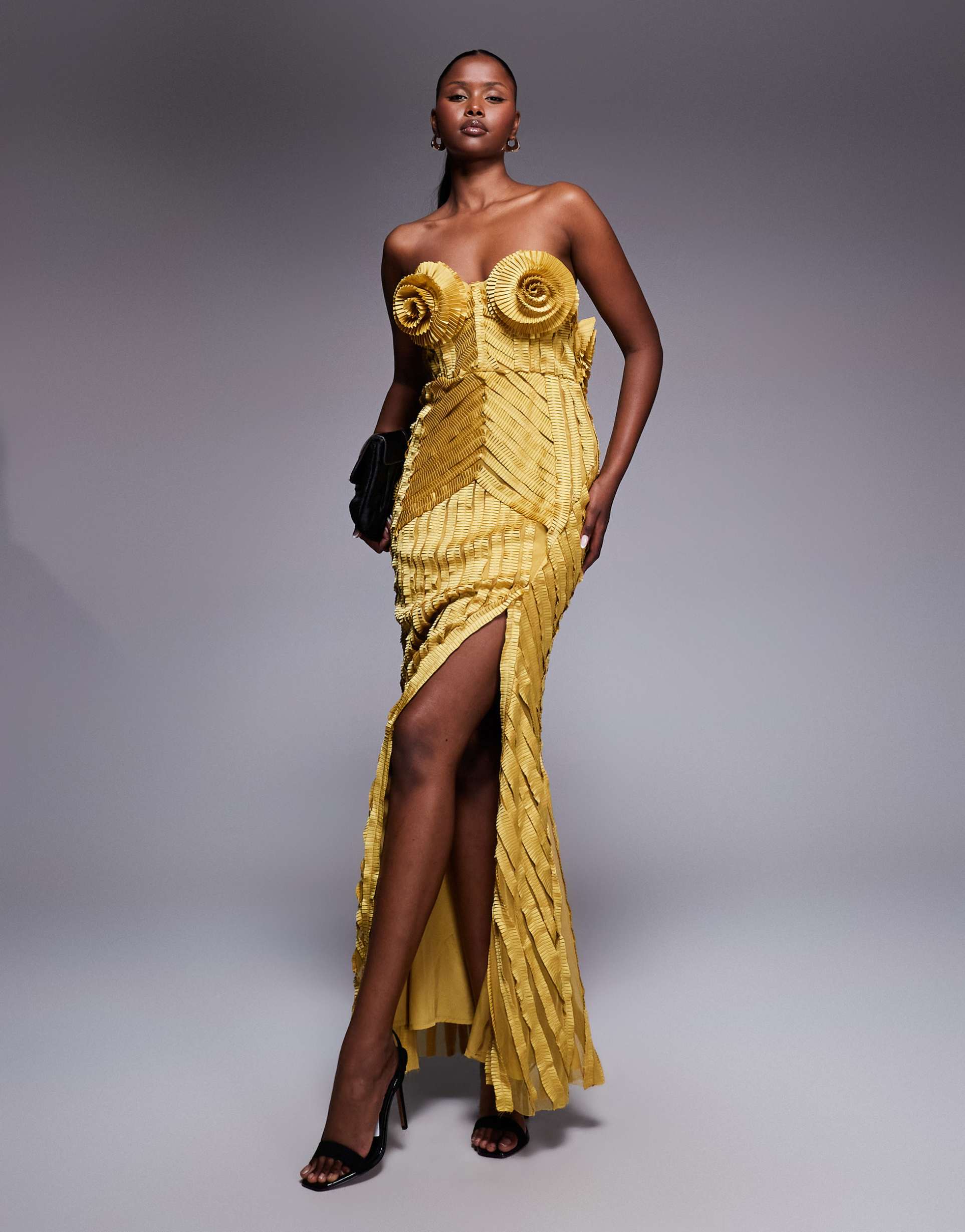 asos luxe extreme pleated maxi dress with corsage cups in gold