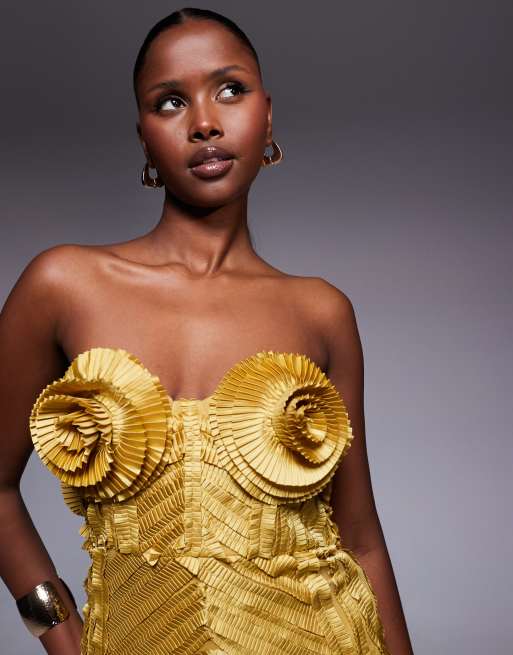 ASOS LUXE extreme pleated maxi dress with corsage cups in gold