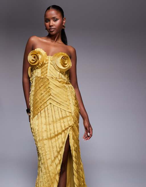 ASOS LUXE extreme pleated maxi dress with corsage cups in gold