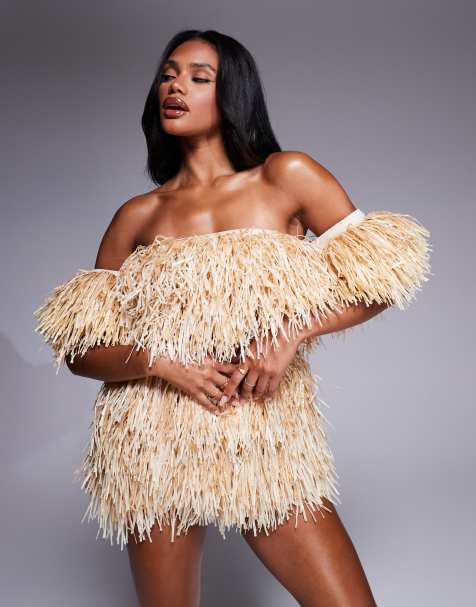 ASOS LUXE extreme raffia bardot top in sand - part of a set - view 1