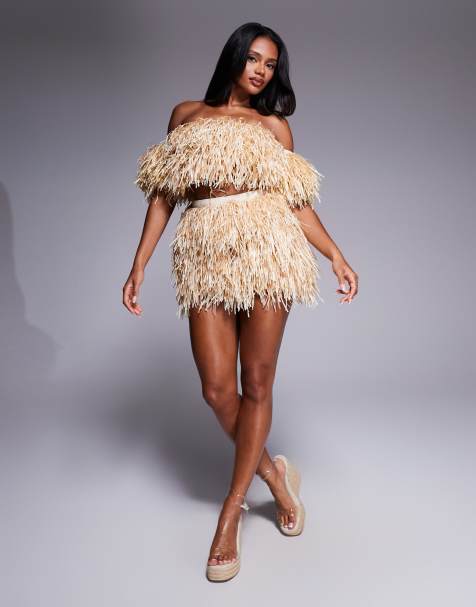 ASOS LUXE extreme raffia mini skirt co-ord in sand - view 1