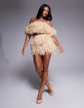 [ASOS LUXE] ASOS LUXE extreme raffia mini skirt in sand (Part of a set)-Neutral 4 Sand