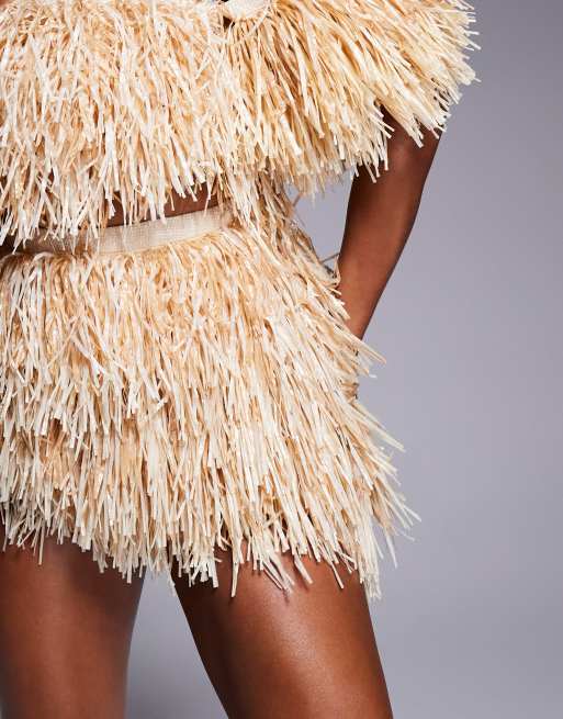 ASOS LUXE extreme raffia mini skirt in sand - part of a set