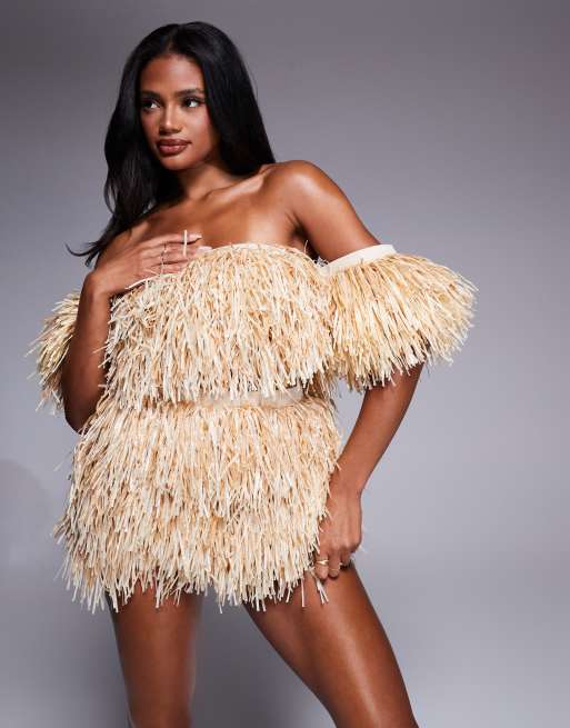 ASOS LUXE extreme raffia mini skirt in sand - part of a set