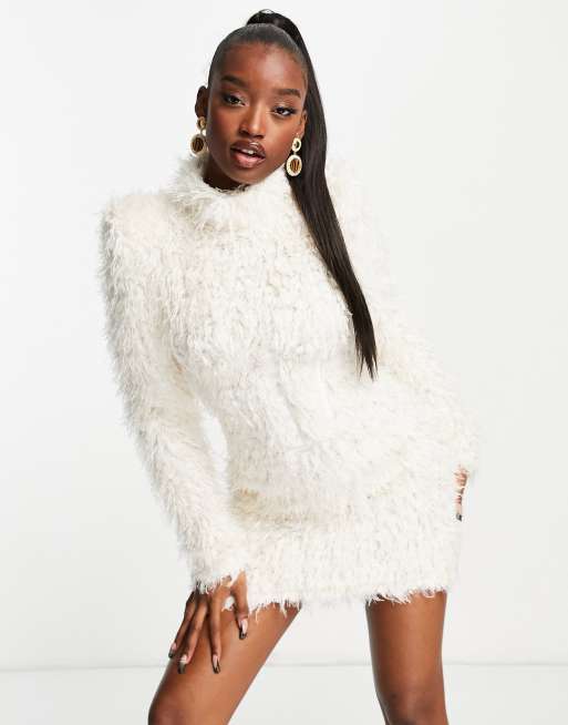 ASOS LUXE extreme shoulder fluffy knitted jumper dress in white