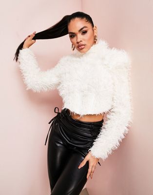 ASOS LUXE extreme shoulder fluffy knitted jumper in white - ASOS Price Checker