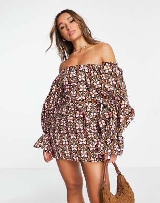 ASOS LUXE extreme sleeve belted mini dress in retro floral print - ASOS Price Checker