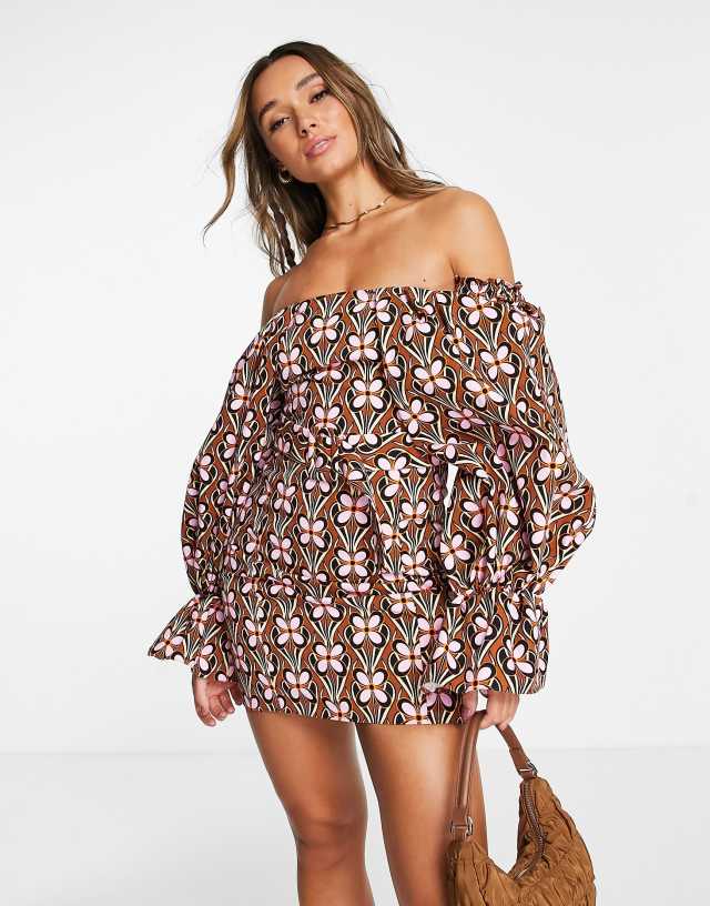 ASOS LUXE extreme sleeve belted mini dress in retro floral print