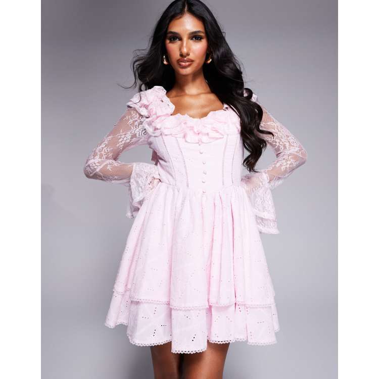 Wedding Gown Revolve Skater Dress HOT Skater Dress Bardot Ruffle Mini Dress  Pink Ruffle Dress Bardot