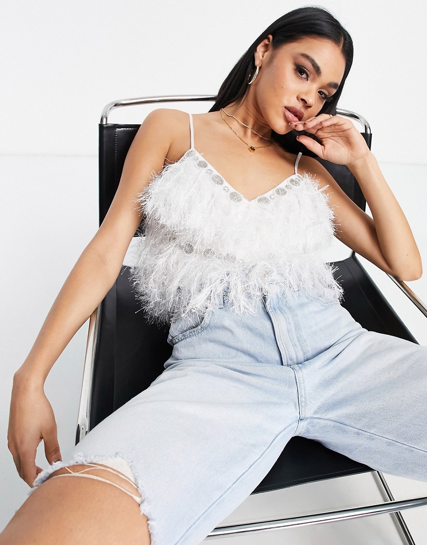 ASOS LUXE faux feather cami top with embellishment in white - part of a set