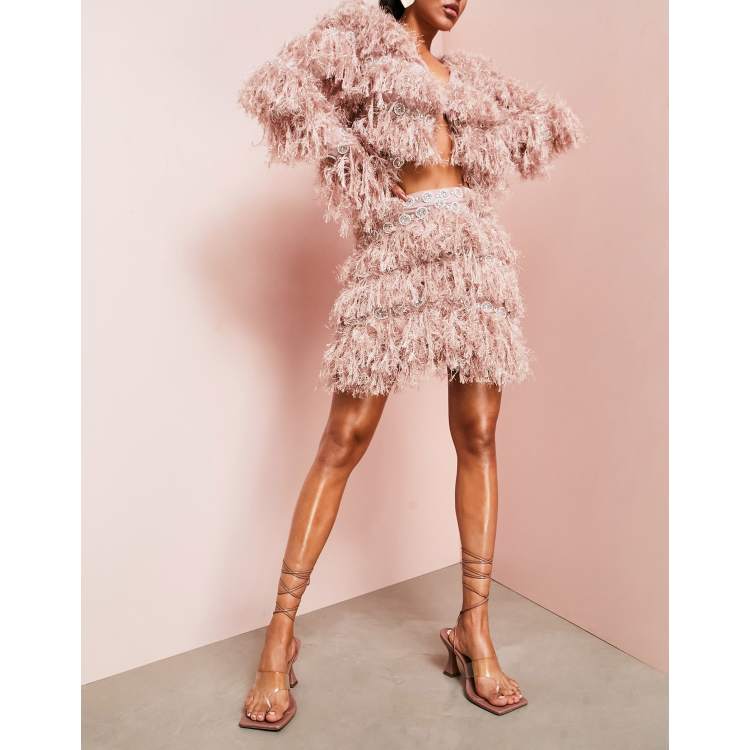 dusty pink feather skirt bodycon dress ASOS LUXE faux look with embellished detail in - part of a set princess jasmine color dress syncx upload-20240819 Color:Smoky Gray Hip 36 Large