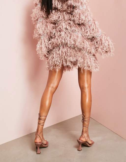 ASOS LUXE faux feather look skirt with embellished detail in pink - part of a set