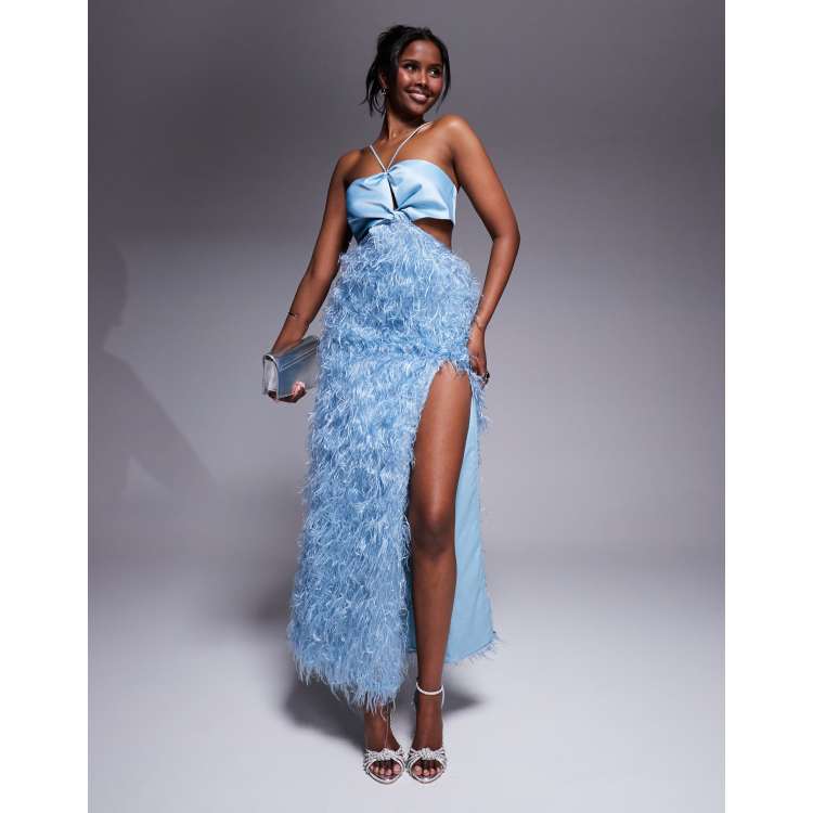 ASOS LUXE faux feather maxi dress with satin twisted bust in ice blue