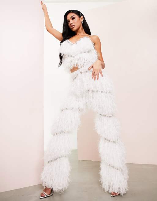 ASOS LUXE faux feather pants with embellishment in white (part of a set