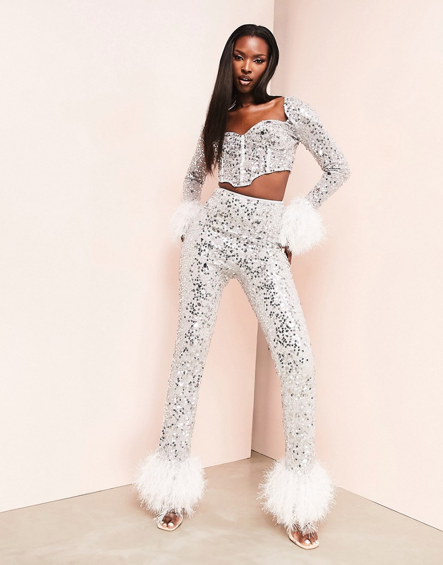 ASOS LUXE faux feather trim sequin pants in silver - part of a set