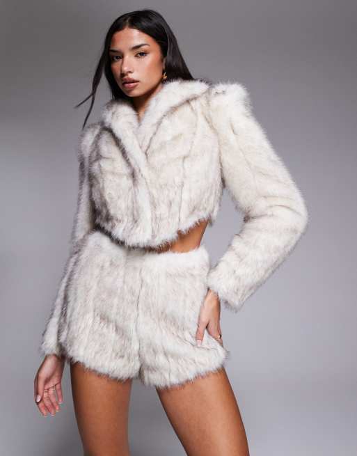 ASOS LUXE faux fur cropped jacket in natural - part of a set