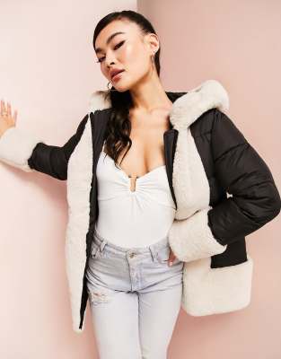 ASOS LUXE faux fur trim puffer in black