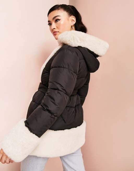 Miss selfridge padded jacket with outlet faux fur trim in black