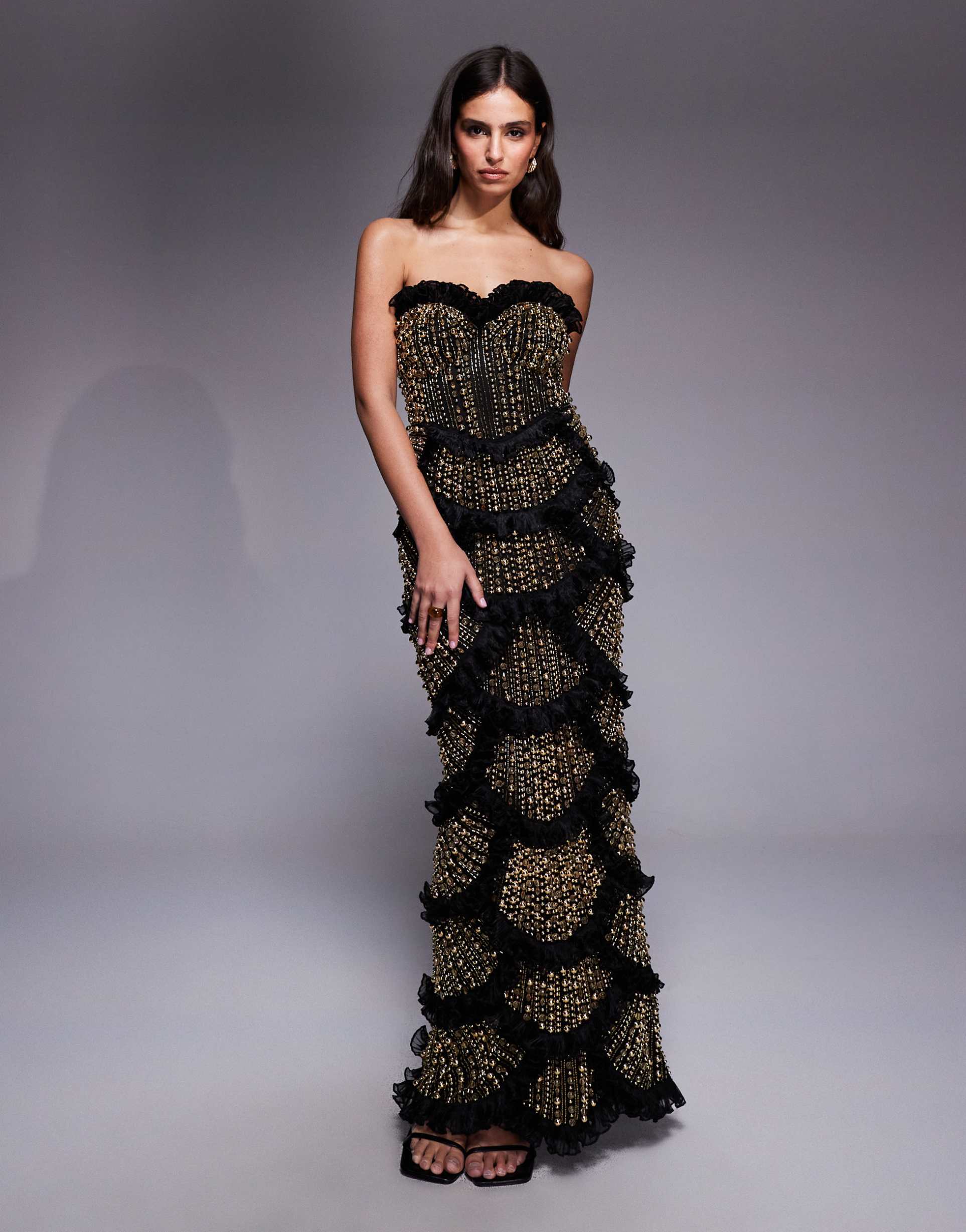 asos luxe faux-gem embellished strapless maxi dress with scallop hem in black and gold