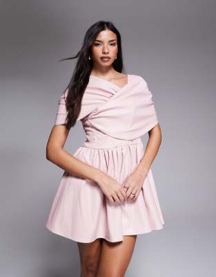 Asos Luxe Faux Leather Bardot Skater Dress In Pink