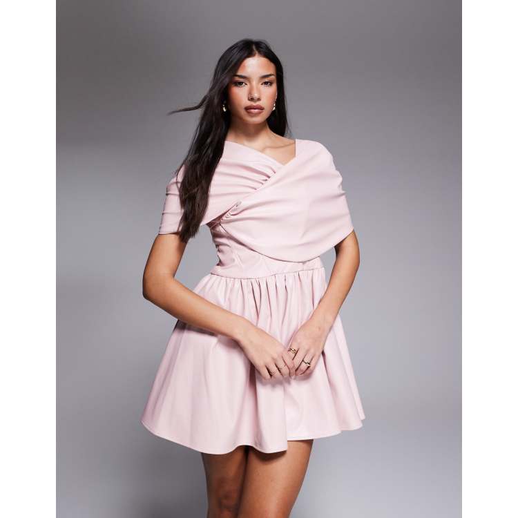 ASOS LUXE faux leather bardot skater dress in dusky pink