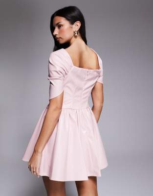 Asos Luxe Faux Leather Bardot Skater Dress In Pink