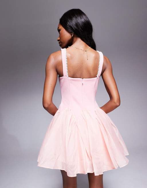 ASOS LUXE faux pearl embellished corseted mini dress with bows in dusty pink
