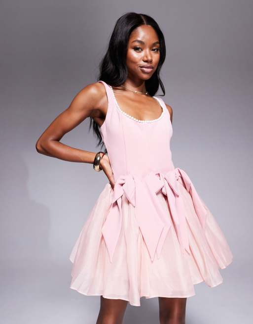 ASOS LUXE faux pearl embellished corseted mini dress with bows in dusty pink