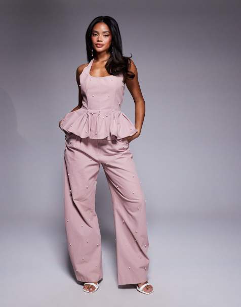 ASOS LUXE faux pearl embellished cotton twill corset peplum top and twill barrel pants set in pink - view 1