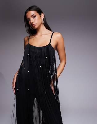Asos Luxe Faux Pearl Embellished Fringe Jumpsuit In Black