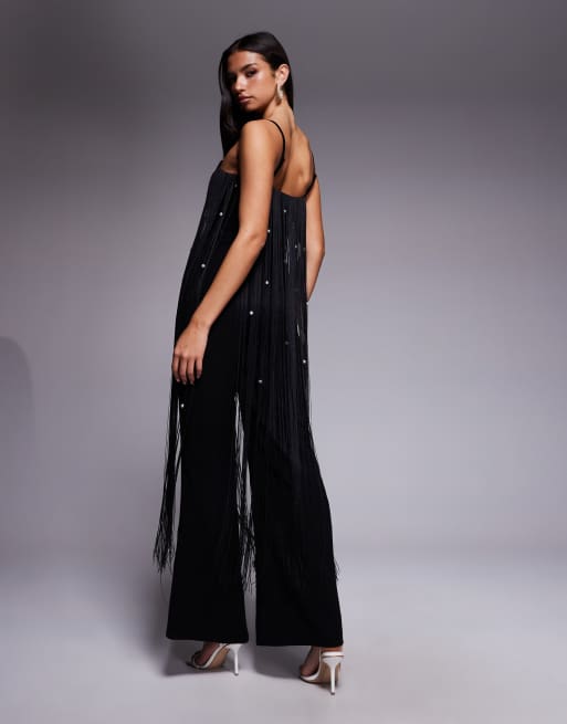 ASOS LUXE faux pearl embellished fringe jumpsuit in black | ASOS