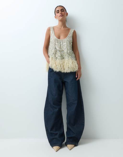 ASOS LUXE feather hem scoop neck embellished top in pale yellow, 2 of 5