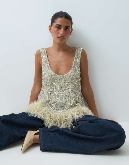 ASOS LUXE feather hem scoop neck embellished top in pale yellow, 3 of 5
