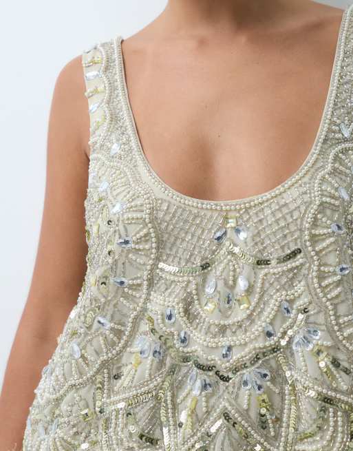 ASOS LUXE feather hem scoop neck embellished top in pale yellow, 4 of 5