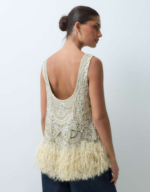 ASOS LUXE feather hem scoop neck embellished top in pale yellow, 5 of 5