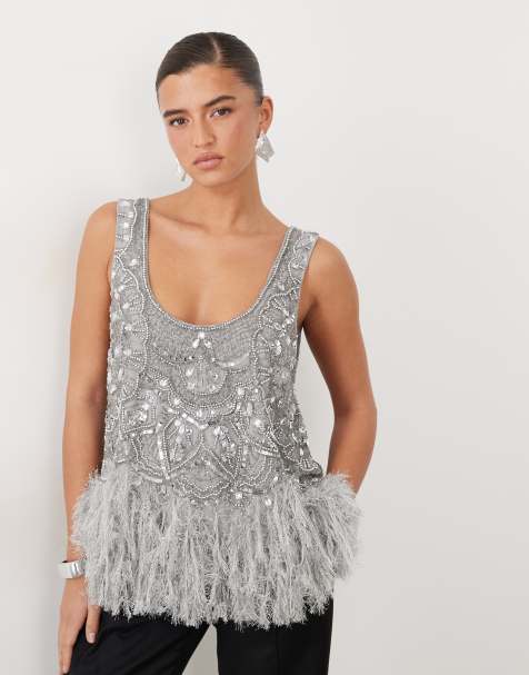 ASOS LUXE feather hem scoop neck embellished top in silver - view 1