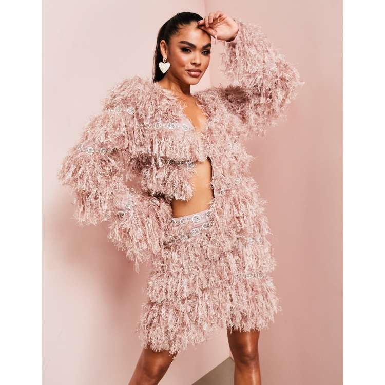 ASOS LUXE feather look jacket with embellished detail in pink - part of a  set | ASOS