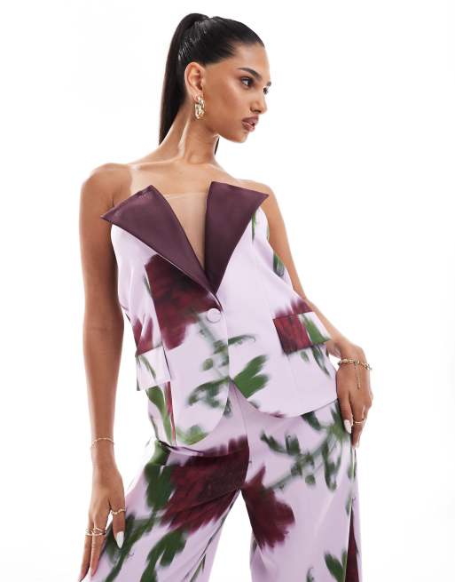 ASOS LUXE – Figursydd kavaj med bandeauringning, suddigt blommönster och satinrosett baktill, del av set