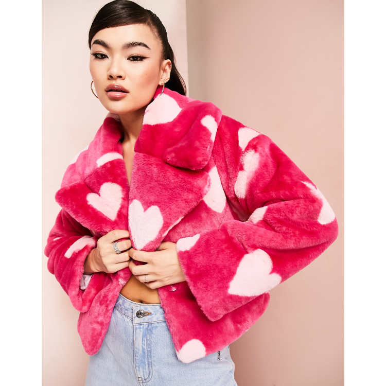 ASOS LUXE fitted short faux fur coat in pink hearts ASOS