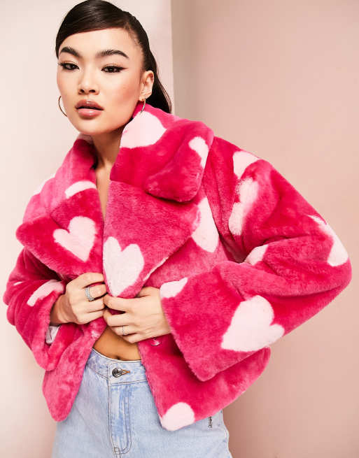 ASOS LUXE fitted short faux fur coat in pink hearts