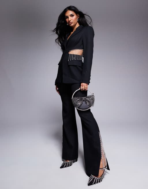 ASOS LUXE - Flare-broek met diamanten franjes in zwart, deel van co-ord set