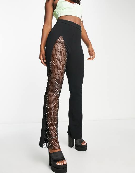 ASOS LUXE - Flare-broek met siersteentjes en uitsnijding in zwart