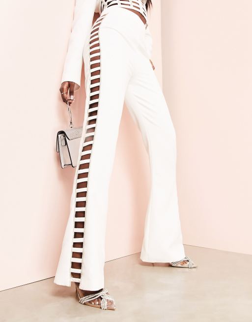 ASOS LUXE flare suit pants with diamante cut out detail in white - part of  a set