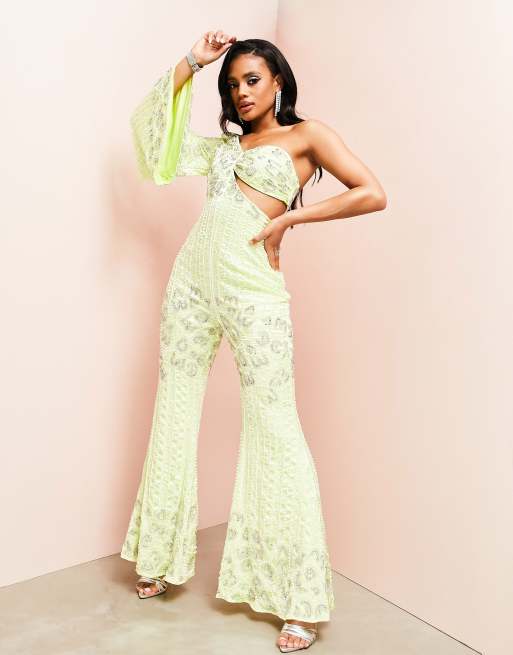 ASOS LUXE - Flared jumpsuit met versiering en uitlopende mouwen in limoengroen