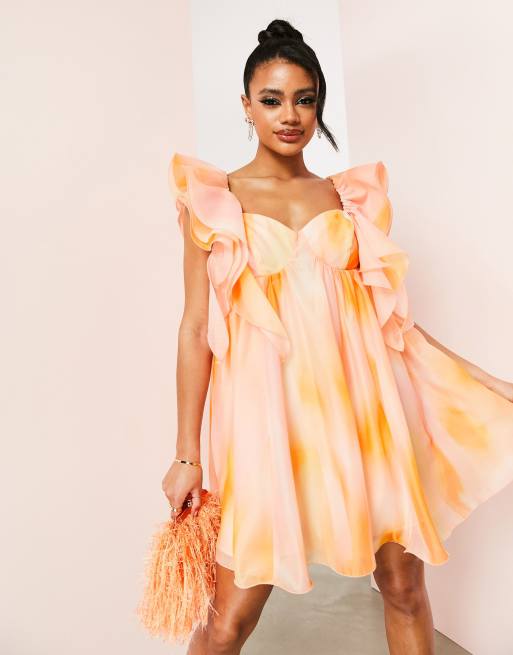 ASOS LUXE – Flerfärgad miniklänning i babydoll-stil med volanger på axlarna och kupor