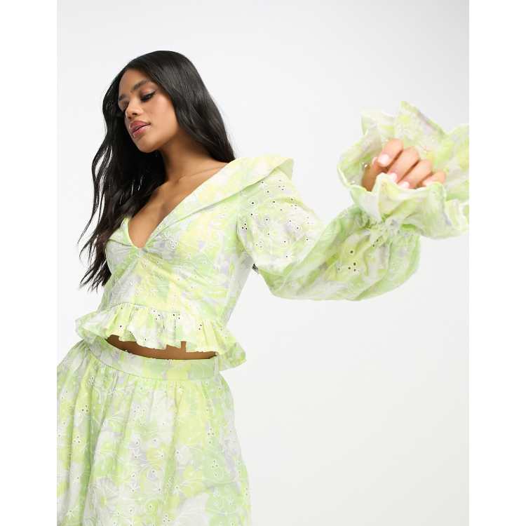 ASOS LUXE floral broderie top in lime green - part of a set